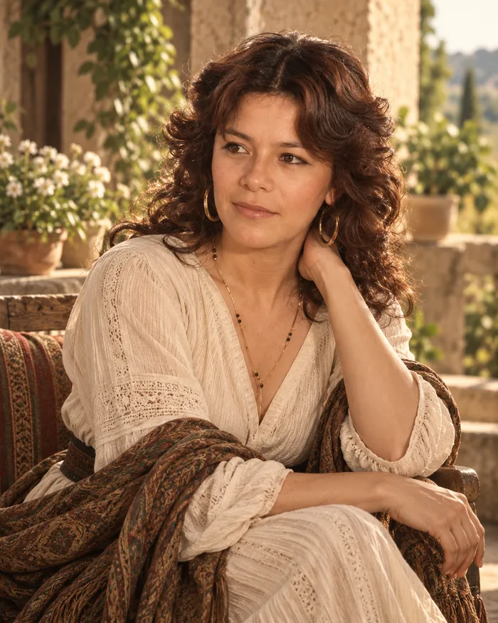Adelina Gómez: mujer de cabello rizado con blusa blanca bordada y un chal, sentada y pensativa en una terraza.