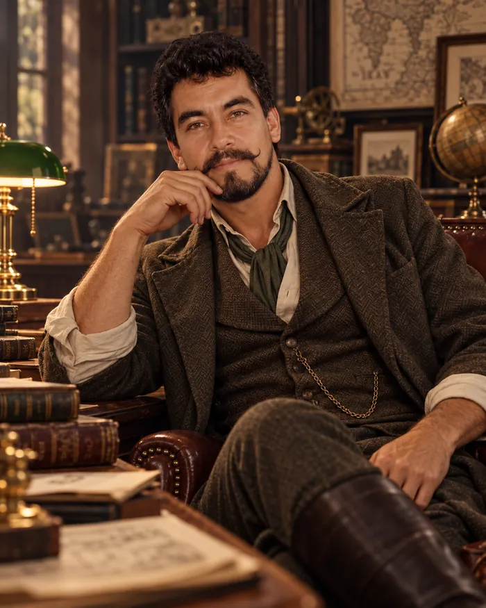 Eduardo Morelos: hombre de bigote y barba corta, con saco de tweed y pañuelo al cuello, sentado en un estudio con libros, mapas y un globo terráqueo.