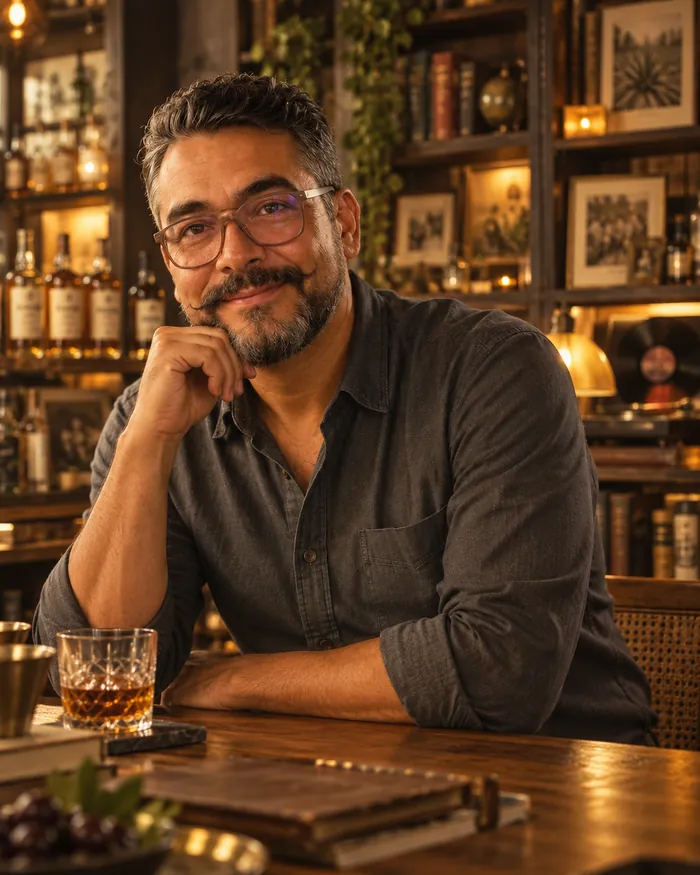 Erick Morelos: hombre de lentes y barba entrecana, con camisa oscura, apoyado en una barra con un vaso, frente a repisas con botellas.