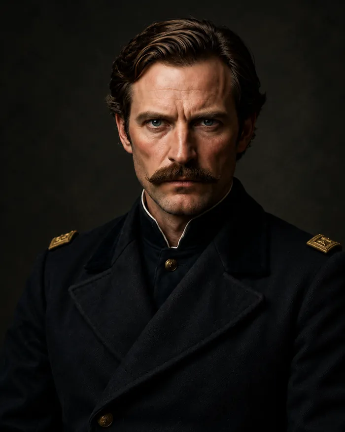 William Harper: oficial de bigote y cabello peinado hacia atrás, con uniforme militar oscuro, sobre fondo negro.
