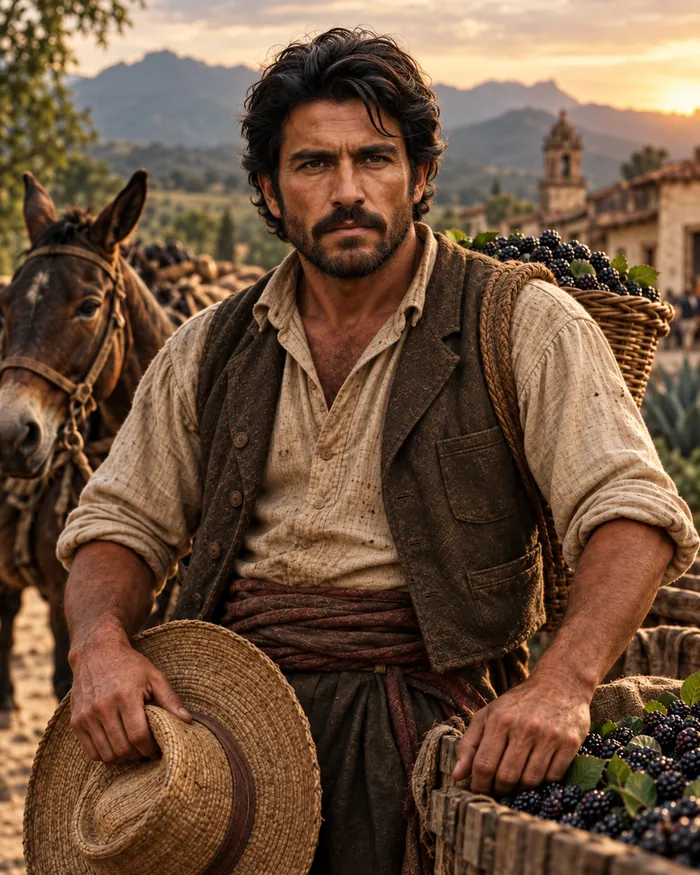 Julián Morelos: hombre de bigote con chaleco y camisa arremangada, sombrero de palma en la mano, junto a canastos de moras y una mula, al atardecer.