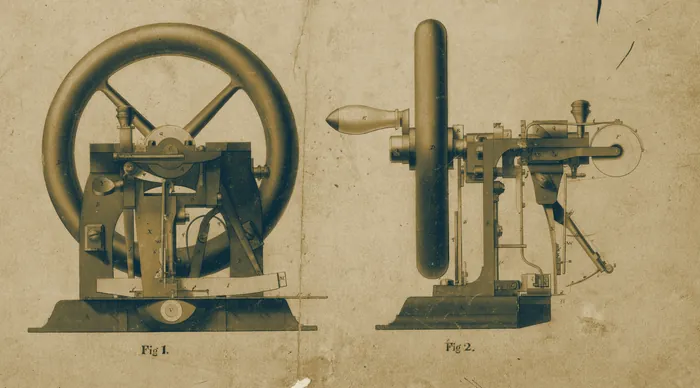 Dibujo de patente de 1846 de una de las primeras máquinas de coser.