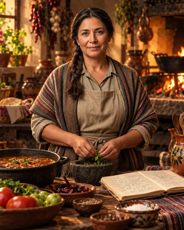 Marcelina Ramírez: mujer de trenza con delantal y rebozo, en una cocina con fogón, cazuelas, chiles y un recetario abierto.