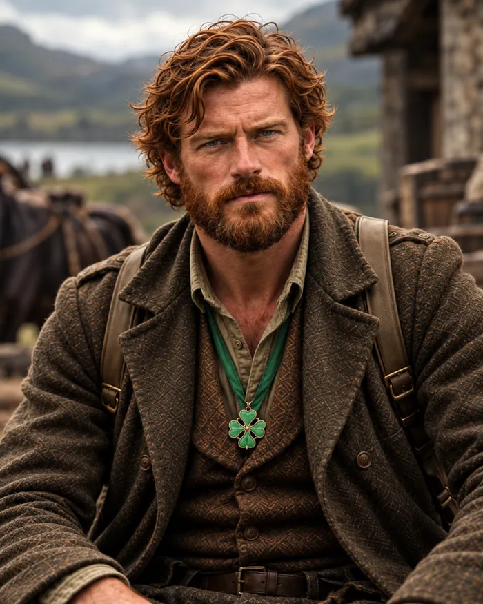 Thomas O’Connor: hombre pelirrojo de barba, con saco de lana y una medalla de trébol al cuello, sentado frente a un lago y colinas de Irlanda.