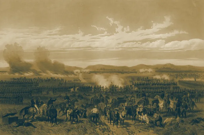 Litografía de 1851 de la Batalla de Palo Alto: dos ejércitos en la llanura, entre humo de artillería.