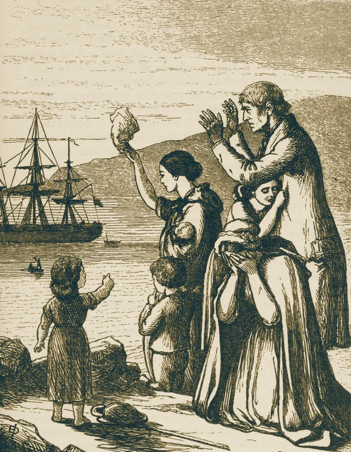 Grabado de 1868: una familia se despide en la orilla mientras un barco de vela se aleja de la costa.