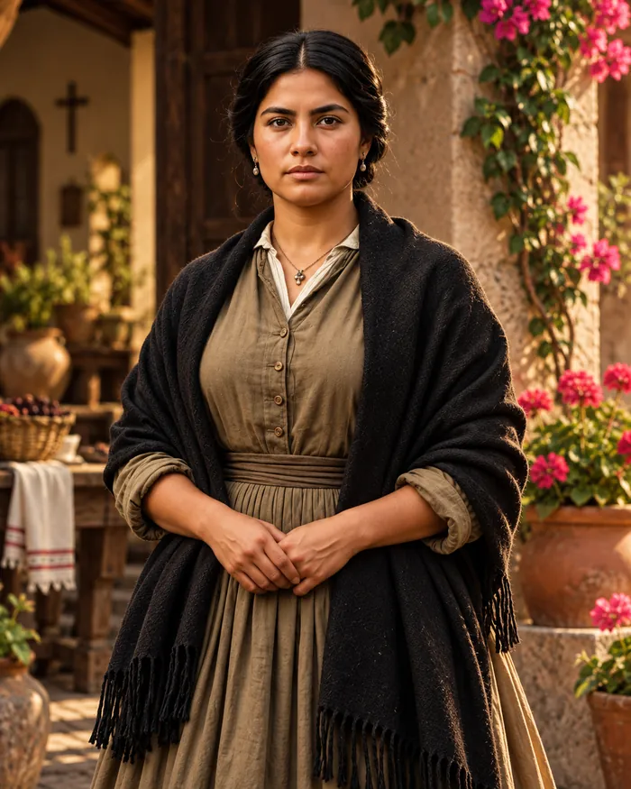 Petra Gallegos: mujer de cabello recogido, con rebozo negro y vestido largo, de pie en un patio con buganvilias y macetas.