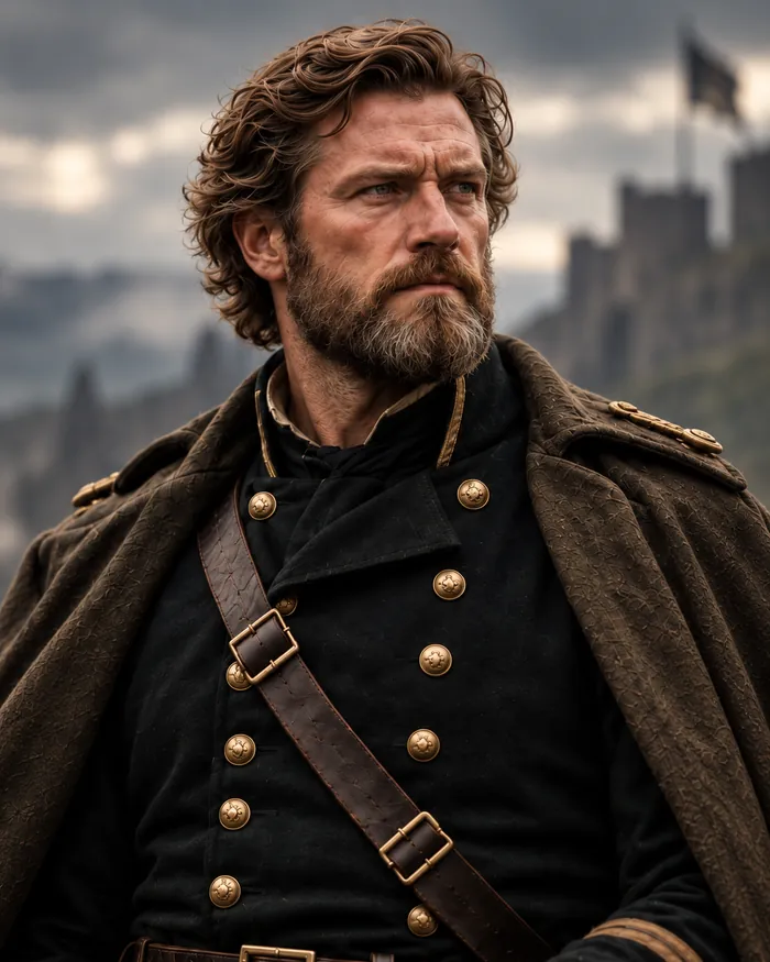 John Riley: hombre de barba con casaca militar oscura de botones dorados y correa de cuero; detrás, un castillo bajo un cielo nublado.