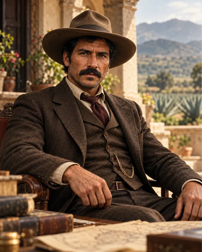 Salvador Morelos: hombre de bigote con sombrero, traje de tres piezas y corbata, sentado ante una mesa con mapas; detrás, magueyes y montañas.